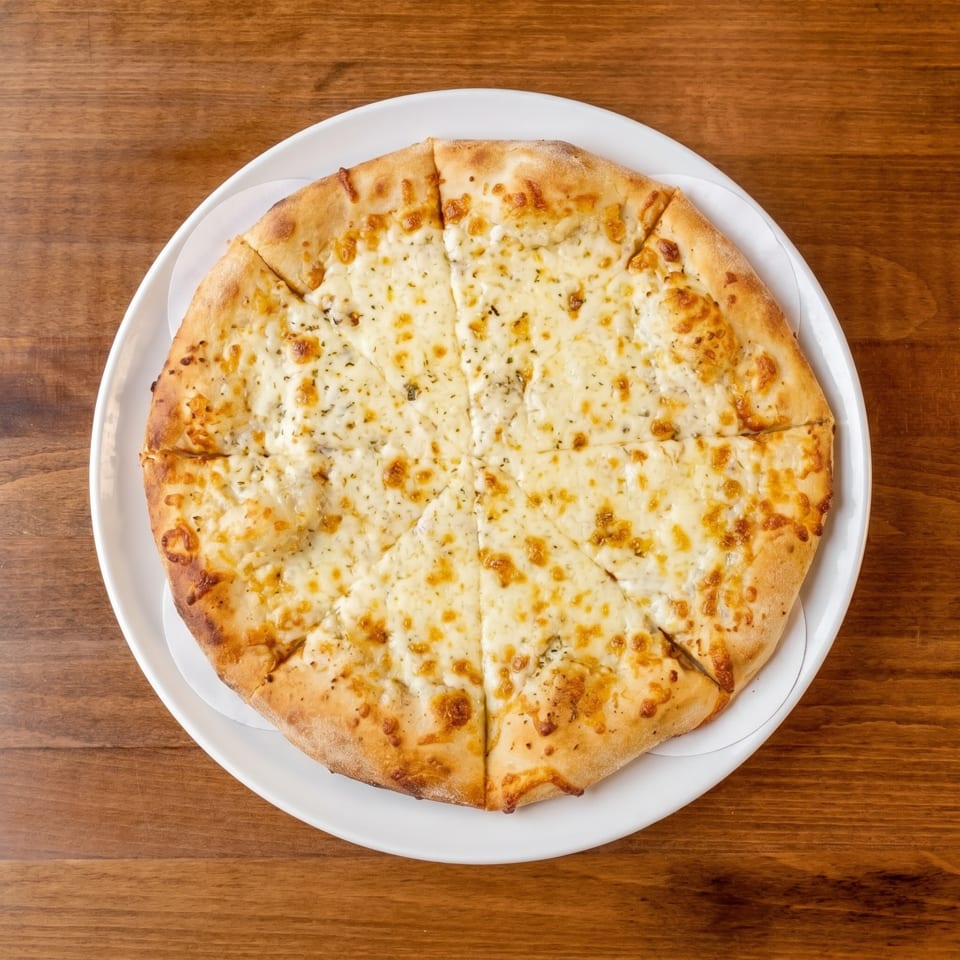 Overhead view of a sliced cheese pizza on a white plate, resting on a wooden table.