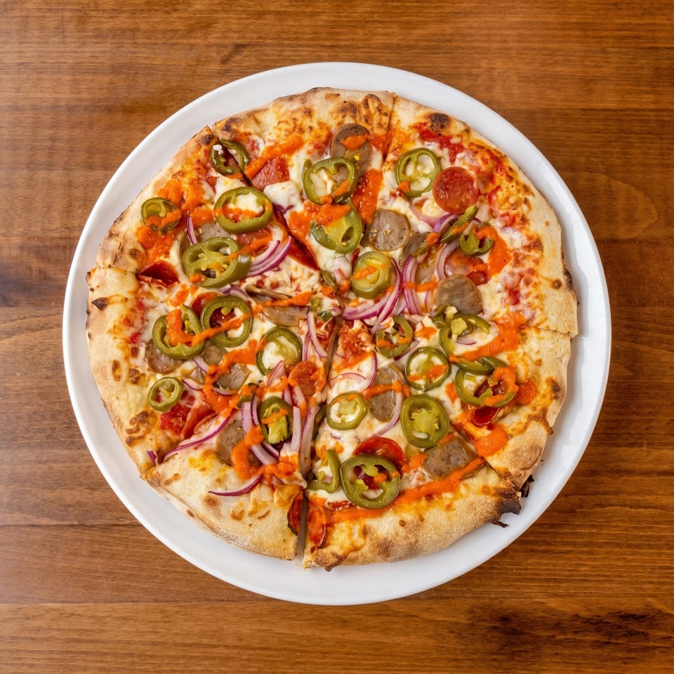 A sliced pizza with pepperoni, sausage, red onion, jalapeños, and orange sauce on a white plate.